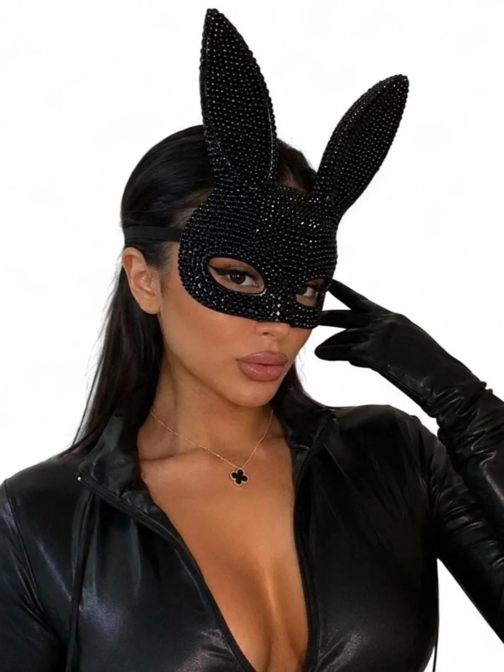 Siam Red Rhinestone Bunny Ears Mask New